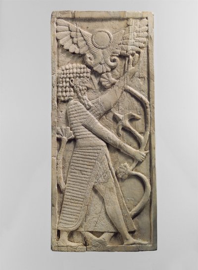Placca di mobilio scolpita in rilievo con una figura maschile che afferra un albero, c.VIII secolo a.C. da Neo Assyrian Neo Assyrian