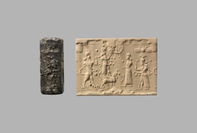 Sigillo cilindrico con uomo-scorpione e impressione moderna, c. VIII-VII secolo a.C. (quarzo, cripto-cristallino) da Neo Assyrian