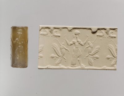 Sigillo cilindrico e impressione moderna: figura maschile che domina leoni alati con testa umana, c. VIII-VII secolo a.C. da Neo Assyrian Neo Assyrian