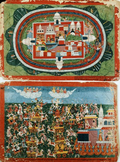 Krishna attacca il castello inespugnabile di Prag-jyoshita, per recuperare gli orecchini di Aditi, c. 1775 da Nepalese School