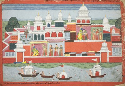Rukmini chiede il permesso a Krishna di visitare suo fratello Rukma, pagina da un manoscritto del Bhagavata Purana, c.1775 da Nepalese School