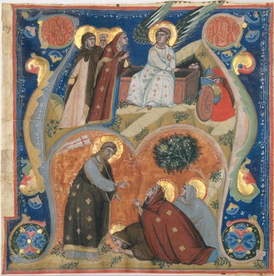 Illustrazione di manoscritto con scene di Pasqua in una iniziale A, da un antifonario, italiano, ca. 132 da Neri da Rimini