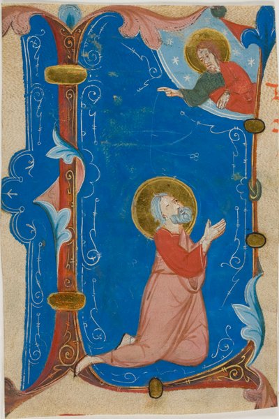 Santo orante (Mosè?) con Cristo in una lettera istoriata "L", da un libro corale da Neri da Rimini
