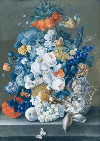 Composizione floreale con frutti, nido di uccelli e farfalle da Leopold Blonder