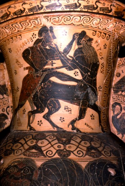 Ercole e il centauro Setos, dettaglio di vaso greco, corinzio, c7° secolo a.C. da Nessos Painter