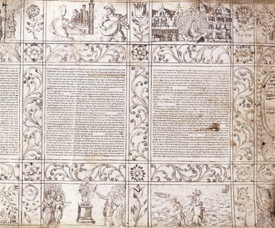 Manoscritto illuminato in scrittura sefardita, che mostra scene di vita olandese e la Bibbia con cartigli floreali da Netherlandish School