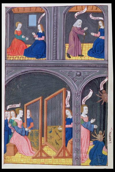 Aracne sfida Pallade e diventa un ragno, dalle Metamorfosi 6 di Ovidio, 1479 da Netherlandish School