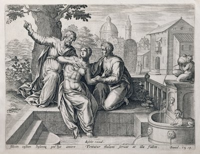 Susanna e i vecchioni, da una serie che illustra scene della Bibbia, pub. da Claes Jansz Visscher c.1590 da Netherlandish School