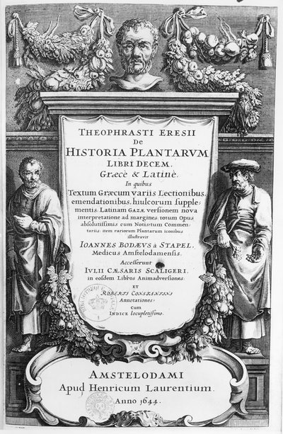 Pagina del titolo di Historia Plantarum Libri Decem di Teofrasto (c.372-c.287 a.C.) pubblicata ad Amsterdam nel 1644 da Netherlandish School