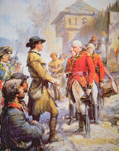George Rogers Clark accetta la resa del comandante britannico Henry Hamilton a Fort Sackville, 25 febbraio 1779 da Newell Convers (after) Wyeth