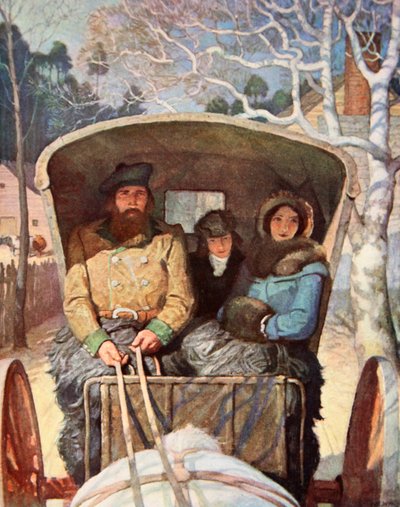 La famiglia Fraser vestita calda nella carrozza trainata da cavalli da Newell Convers (after) Wyeth