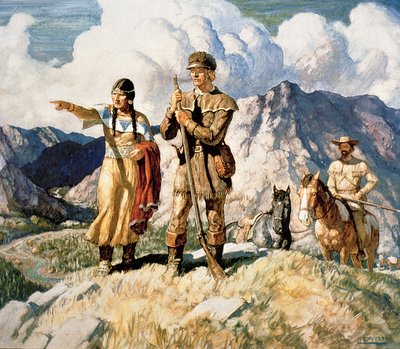 Sacagawea con Lewis e Clark durante la loro spedizione del 1804-06 (litografia a colori) da Newell Convers Wyeth