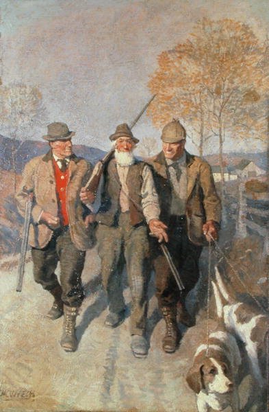 Tre cacciatori e cani da Newell Convers Wyeth