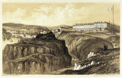 Whitby, Passo Khyber (Inghilterra), con una panoramica degli edifici e del forte della città. Litografia, incisa da Newman & Co, pubblicata da S.Reed da Newman & Co.