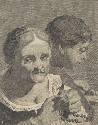 Copia inversa di una vecchia donna con un rosario e un ragazzo che conta monete, tavola 10, ca. 1750-90 da Niccolò Cavalli