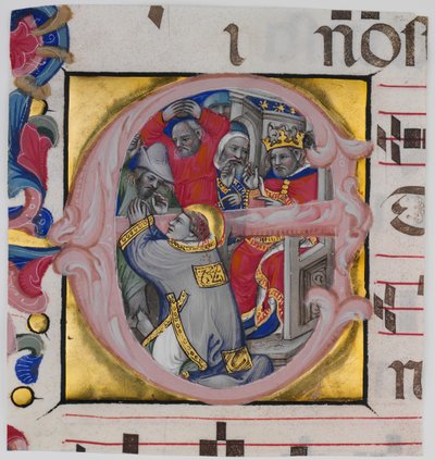 Illustrazione del Manoscritto con il Martirio di Santo Stefano in una Iniziale E..., c. 1394-1402 da Niccolò di Giacomo da Bologna