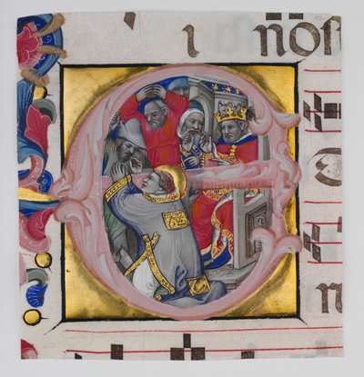 Illustrazione del manoscritto con il martirio di Santo Stefano in una iniziale E, ca. 1394-1402 da Niccolò di Giacomo da Bologna