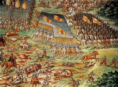 La Battaglia di San Quintino, che vide la vittoria degli spagnoli sui francesi nel 1557, durante le Guerre Italiane, dettaglio con attacco di cavalleria da Niccolo (and workshop) Granello
