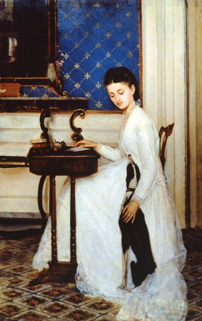 Giovane donna alla scrivania con levriero da Niccolo Cannicci