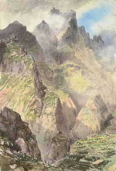 Il Grande Curral, Madeira, con una comitiva di turisti in primo piano, il Pico Grande oltre (acquerello su carta) da Nicholas Chevalier