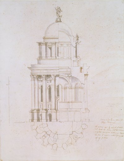 Elevazione, sezione trasversale e pianta di un battistero non realizzato per la Cattedrale di San Paolo, c.1711-12 da Nicholas Hawksmoor