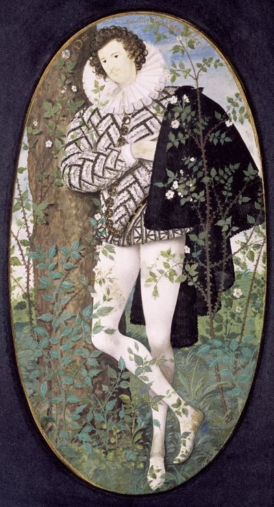 Un giovane uomo appoggiato a un albero tra le rose da Nicholas Hilliard