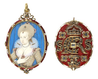 Ritratto in miniatura della regina Anna di Danimarca (1574-1619) con copertura gioiellata, c.1611 da Nicholas Hilliard