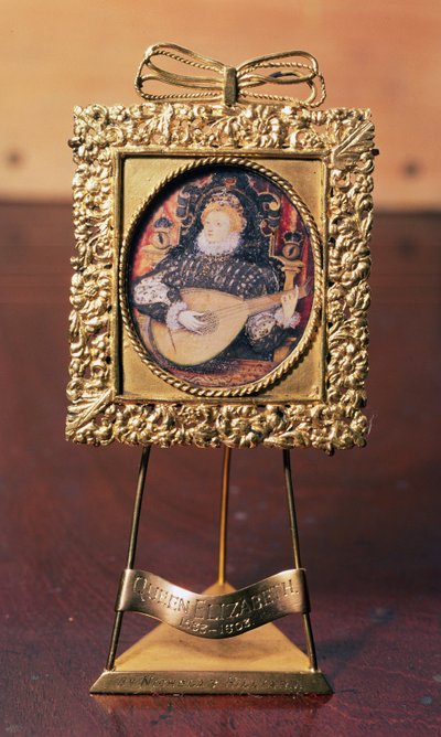 Regina Elisabetta I che suona il liuto (miniatura con supporto in ottone) da Nicholas Hilliard