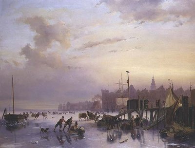 Paesaggio fluviale invernale con numerosi pattinatori da Nicholas Jan Roosenboom
