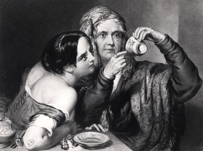Predire il futuro leggendo i fondi di caffè, inciso da Charles William Sharpe da Nicholas Joseph Crowley