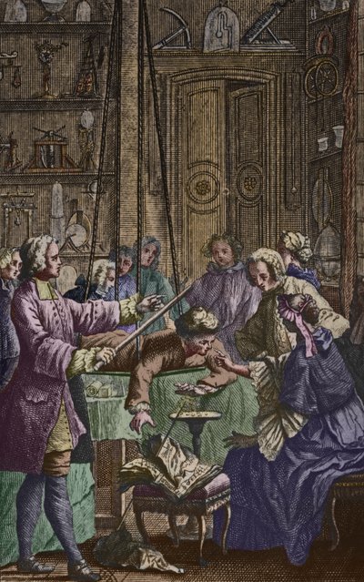 Esperimento elettrico su un uomo di Abbe Jean Antoine Nollet nel gabinetto di un fisico, frontespizio dell