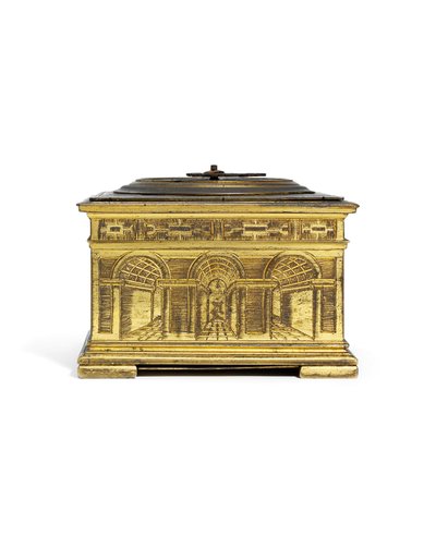 Orologio da tavolo orizzontale inciso di Elisabetta I, c.1590-1600 da Nicholas Vallin