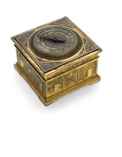 Orologio da tavolo orizzontale inciso di Elisabetta I, c.1590-1600 da Nicholas Vallin