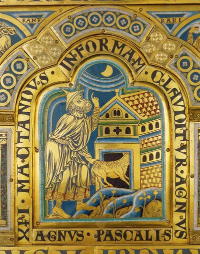 Agnus Pascalis, il simbolico agnello pasquale... (placca in smalto con tecnica champleve su rame dorato) da Nicholas of Verdun
