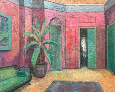 Interno rosso, 2022-23 (olio su tavola) da Nick Williams