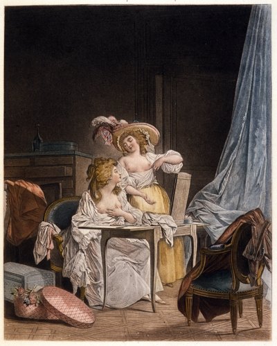 Il confronto. Due donne confrontano la dimensione del loro petto. Incisione di Nicolas Lavreince (1737-1807), circa 1782. da Niclas II Lafrensen