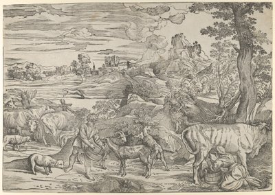 Paesaggio con una lattaia a destra e un ragazzo a sinistra, ca. 1535-40 da Nicolò Boldrini