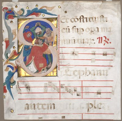 Frammento di un antifonario con iniziale istoriata (S): La lapidazione di Santo Stefano da Nicolò da Bologna