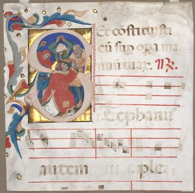 Frammento di un Antifonario con Iniziale Istoriata S: La lapidazione di Santo Stefano, c. 1370-1372 da Nicolò da Bologna