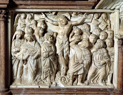 Italia, Toscana, Pisa, Piazza dei Miracoli, cattedrale, pulpito in marmo, pannello con Crocifissione di Giovanni Pisano da Nicola Pisano