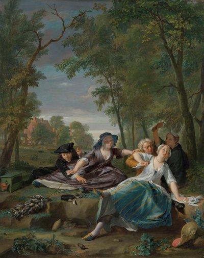 Scena di genere con giovani coppie eleganti in un paesaggio da Nicolaas Verkolje