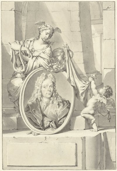 Putti e una donna vicino a un medaglione con il ritratto di Arnold Houbraken da Nicolaas Verkolje