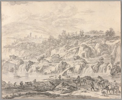 Paesaggio con cascate e ponti, contadini in primo piano da Nicolaes Berchem
