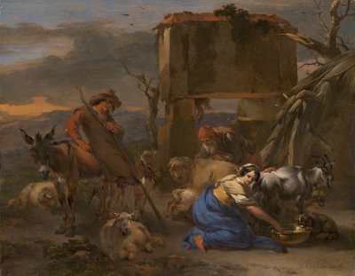 Scena Pastorale con una Pastorella che Mungia una Capra da Nicolaes Berchem