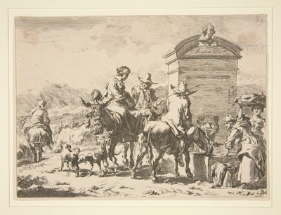 Senza titolo - Scena di genere con persone su asini e una lapide da Nicolaes Berchem