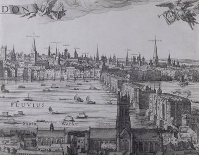 Panorama di Londra e del Tamigi, parte tre che mostra Southwark, London Bridge e le chiese della Città, c.1600 da Nicolaes Jansz Visscher