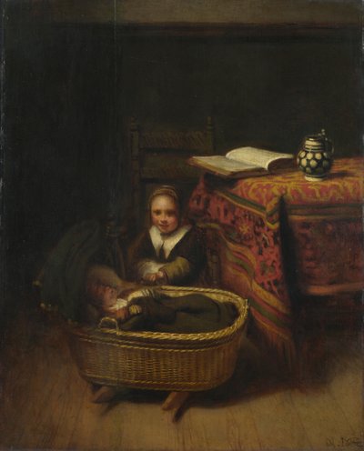 Una bambina che dondola una culla, c. 1655 da Nicolaes Maes