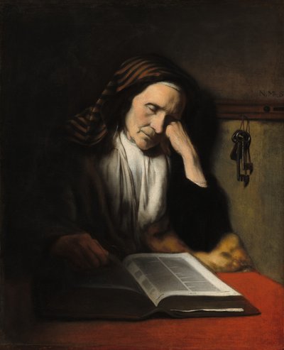 Una vecchia donna che sonnecchia su un libro da Nicolaes Maes
