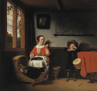 Dutch: Giovane donna con una canna vicino a una culla e un ragazzo con un tamburo The Naughty Drummer / Giovane donna con una canna vicino a una culla e un ragazzo con un tamburo da Nicolaes Maes