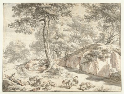 Pastore con pecore presso una rovina tra gli alberi da Nicolaes Pietersz Berchem